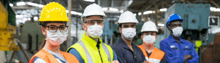 manufacturing operations employees with masks and PPE illustrating covid-19 challenges in the industry